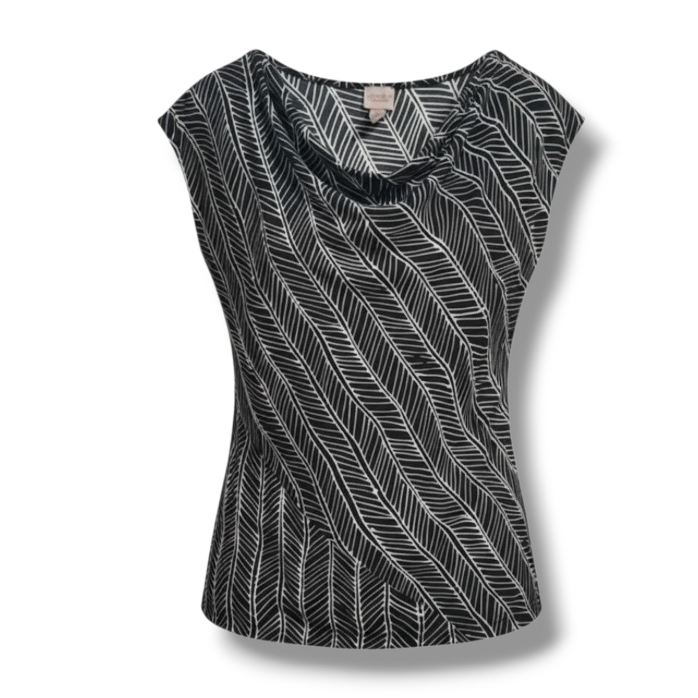 Easywear by Chico's Women's black white cap sleeves draped neckline Blouse large